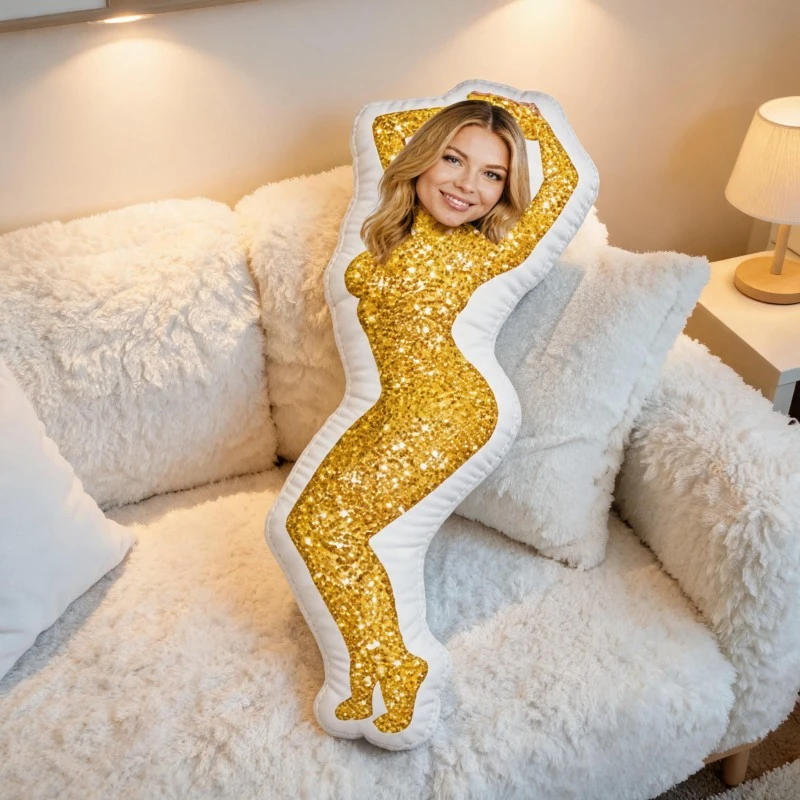 Custom Personalized Photo Shaped Pillow, Golden Sequin Outfit Full Body Custom Picture Decorative Cushion, Unique Home Decor Acc