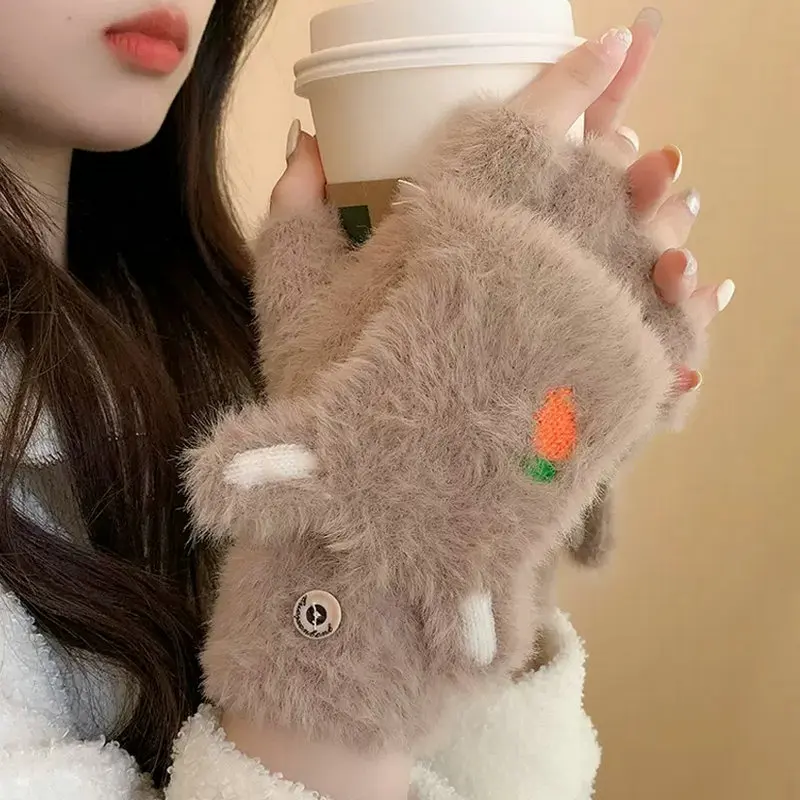 

Women Winter Plush Rabbit Ear Mittens Fingerless Flap Gloves Plush Warm Glove Winter Soft Thick Gloves for Girl Half Finger