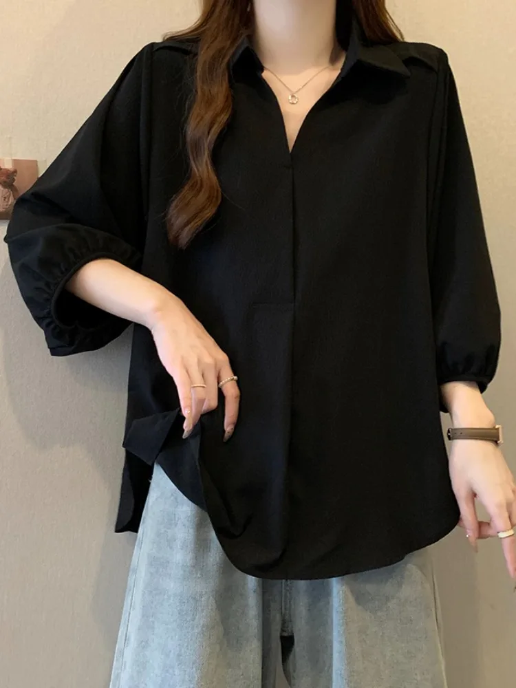 

Ele Loose Tee-Quarter Sve irt Women's Spring 2026 New plus Size Hiding Belly Mid-Sve Top Slimming Effect