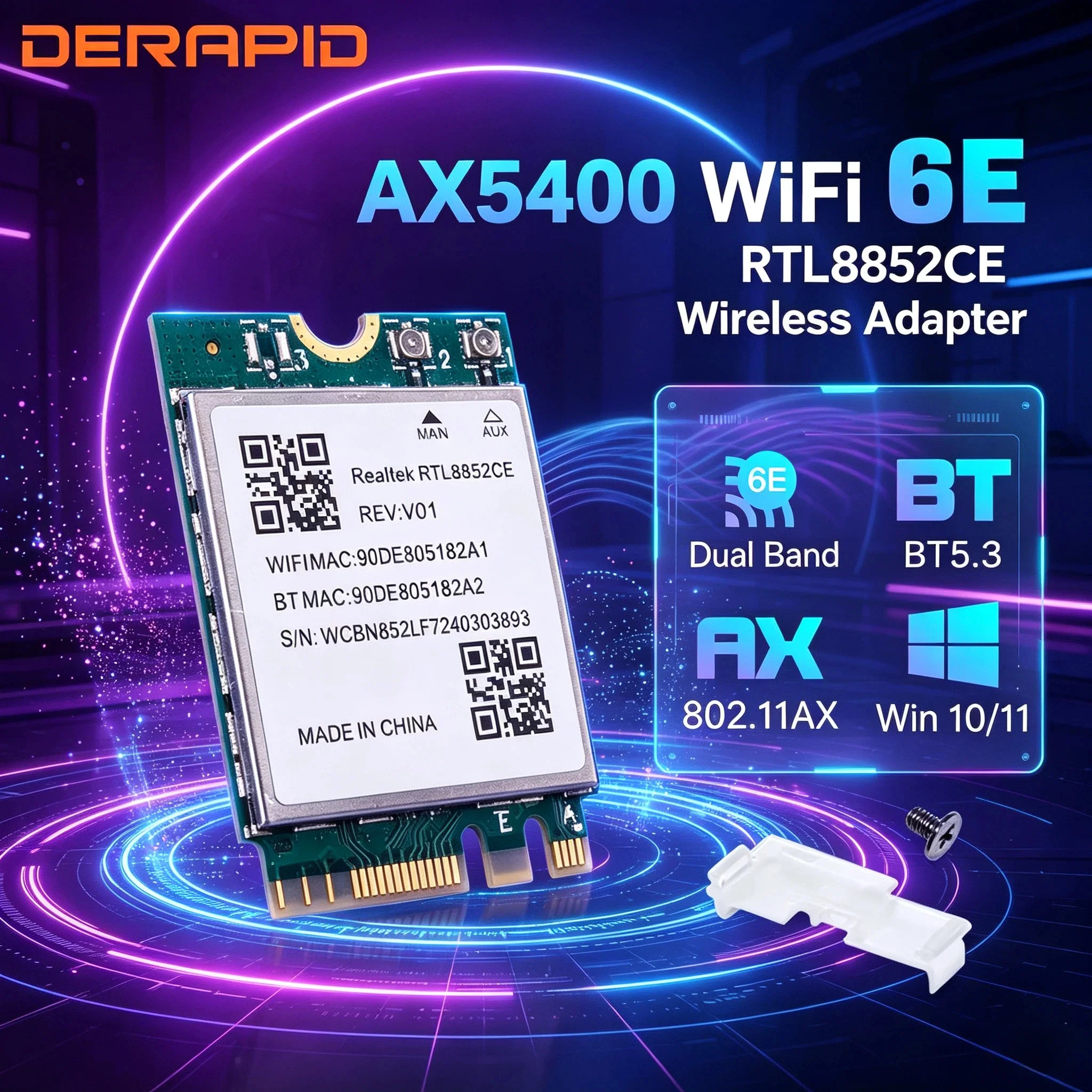 RTL8852CE WiFi 6E Tri-Band M.2 NGFF Wireless Network Adapter Module Bluetooth 5.3 5374Mbps for Desktop PC Windows 10 11 64-bit