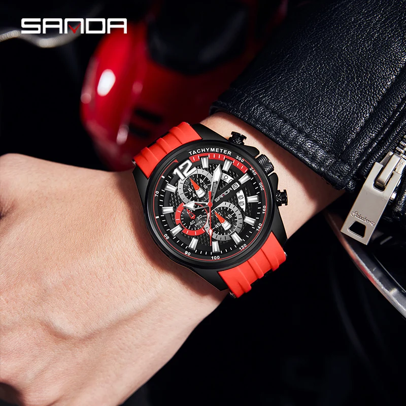 SANDA Top Men\'s Chronograph Analog Quartz Watch with Date, Luminous Hands, Waterproof Silicone Rubber Strap Wristswatch for Man