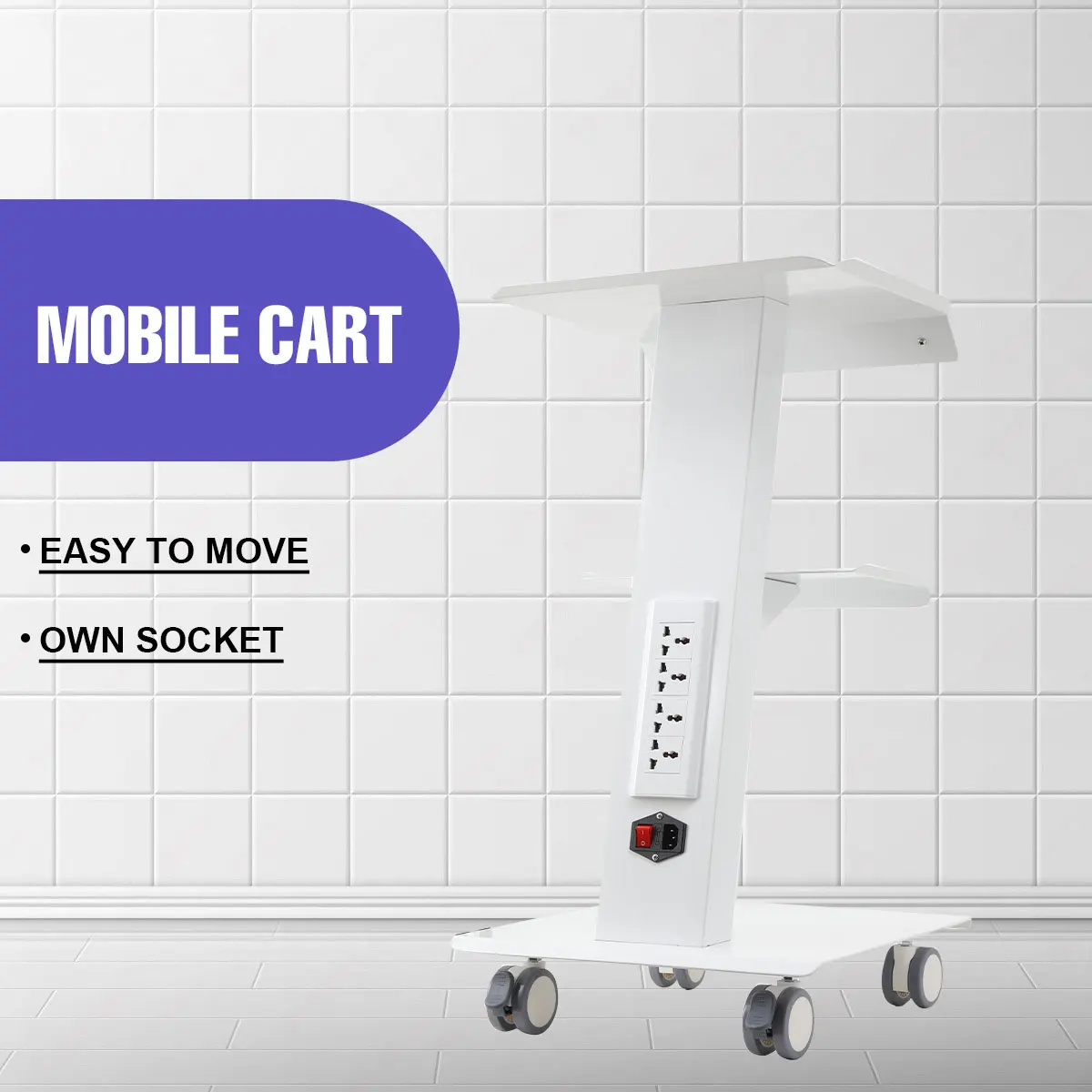 Multi-Functional Salon Trolley Cart Steel 3-Tier 4 Power Outlets for Beauty Medical Lab Dental Hospital Use