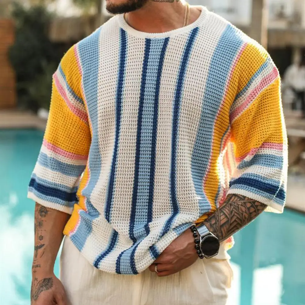 Men Sweater Striped Print Round Neck Knitted Half Sleeve Color Matching Loose Pullover Elastic Anti-shrink Summer Fall Spring