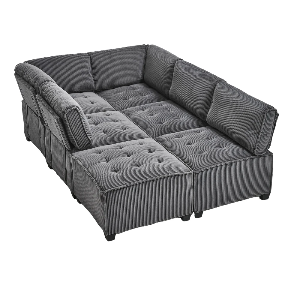 Sofa Modulares 6-Sitzer-Sofa, Kordelstoff, ergonomisch, Aufbewahrungstaschen, flexibel kombiniert als U-Form/L-Form/Sofabett – Detail 27