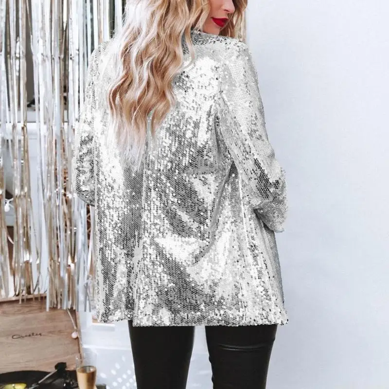 31BF Elegant Long Sleeve Sequins Open Front Jackets for Women Party Wear Coat