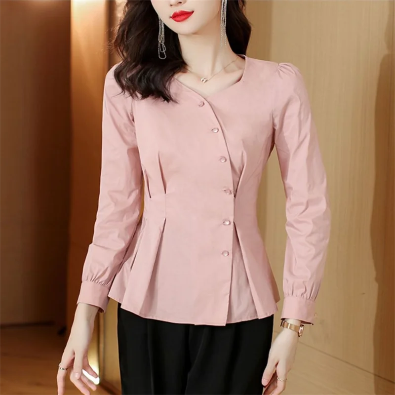 Diagonal Shirt Women Blouses Top V-neck Long Sleeve Women\'s Shirt Cardigan Women Clothes Shirt Slim Blouses Pink Femme Shirt