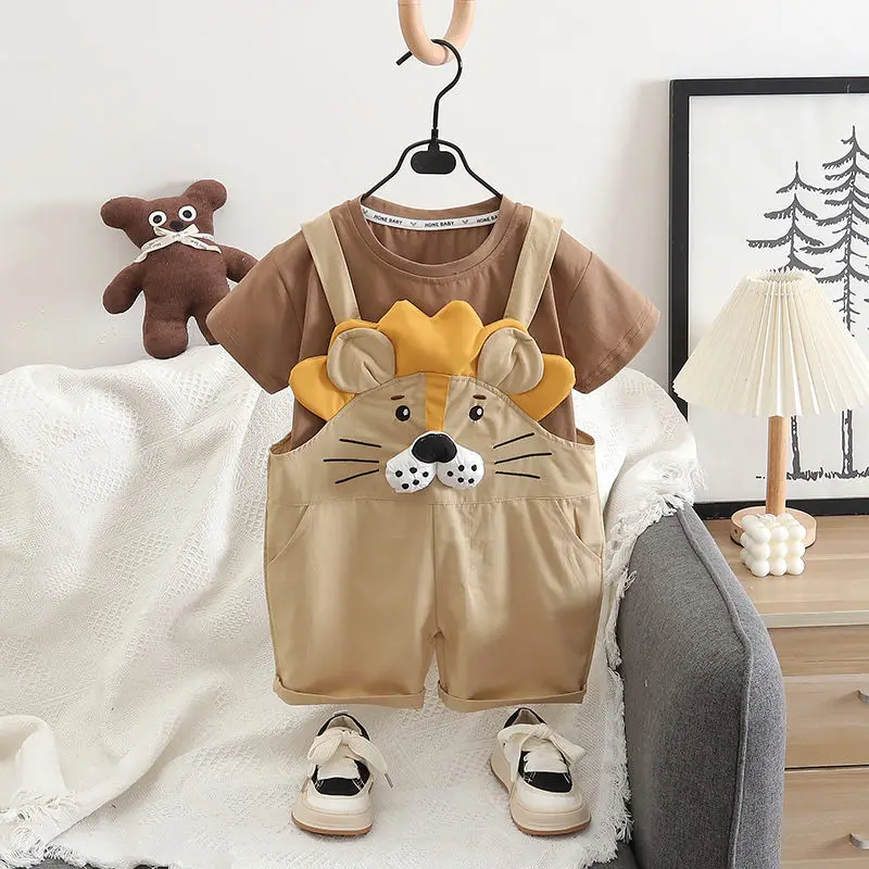 

New Clothing Kids Girls Clothes Suits Short Sleeve Strips T Shirt Cartoon Bib Pants Overalls 2Pcs/Set Children Casual Costume