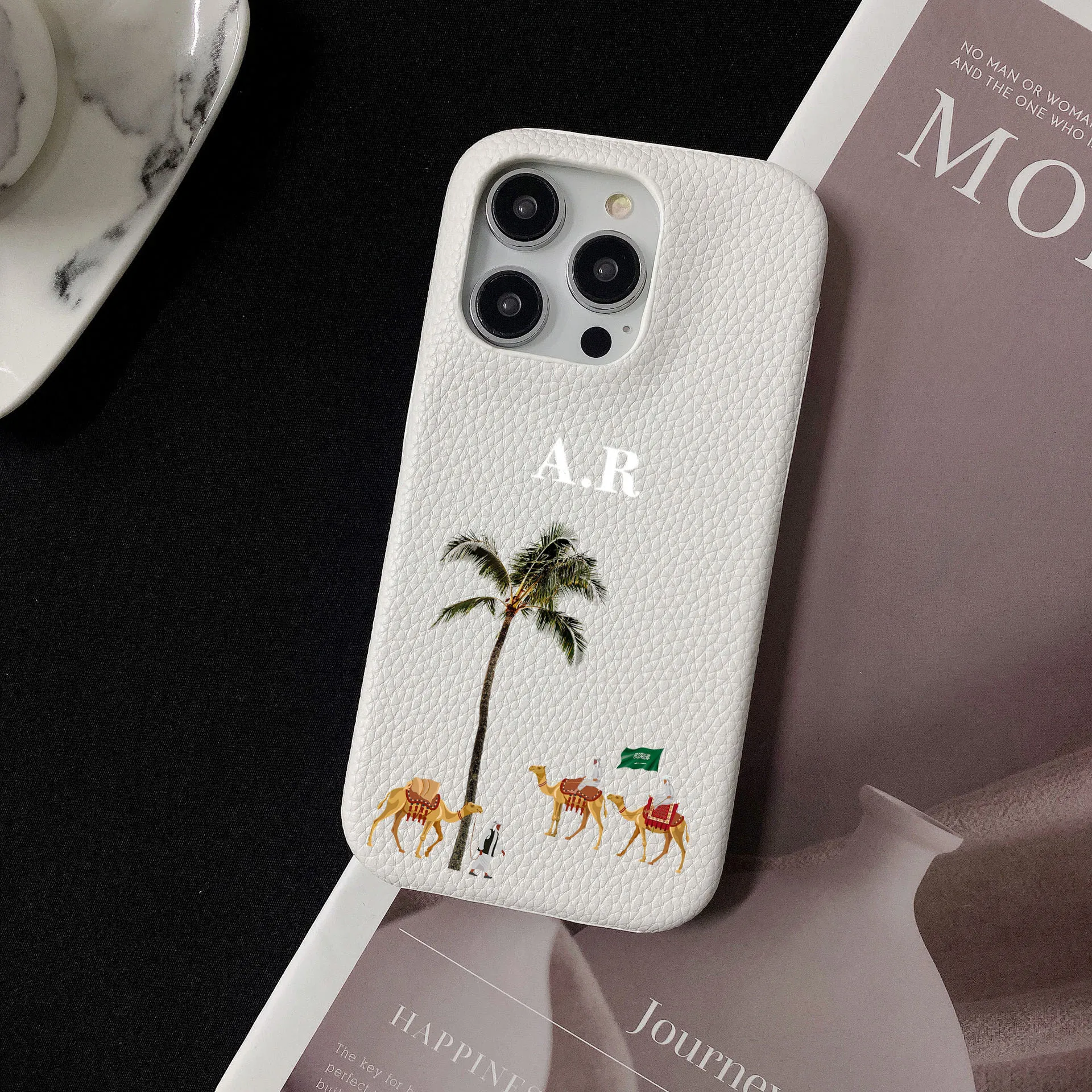 Personalised Customized Name Coconut tree Leather Case For iPhone 16 15 14 13 12 11 Pro Max Initials Letters DIY Engraved Cover