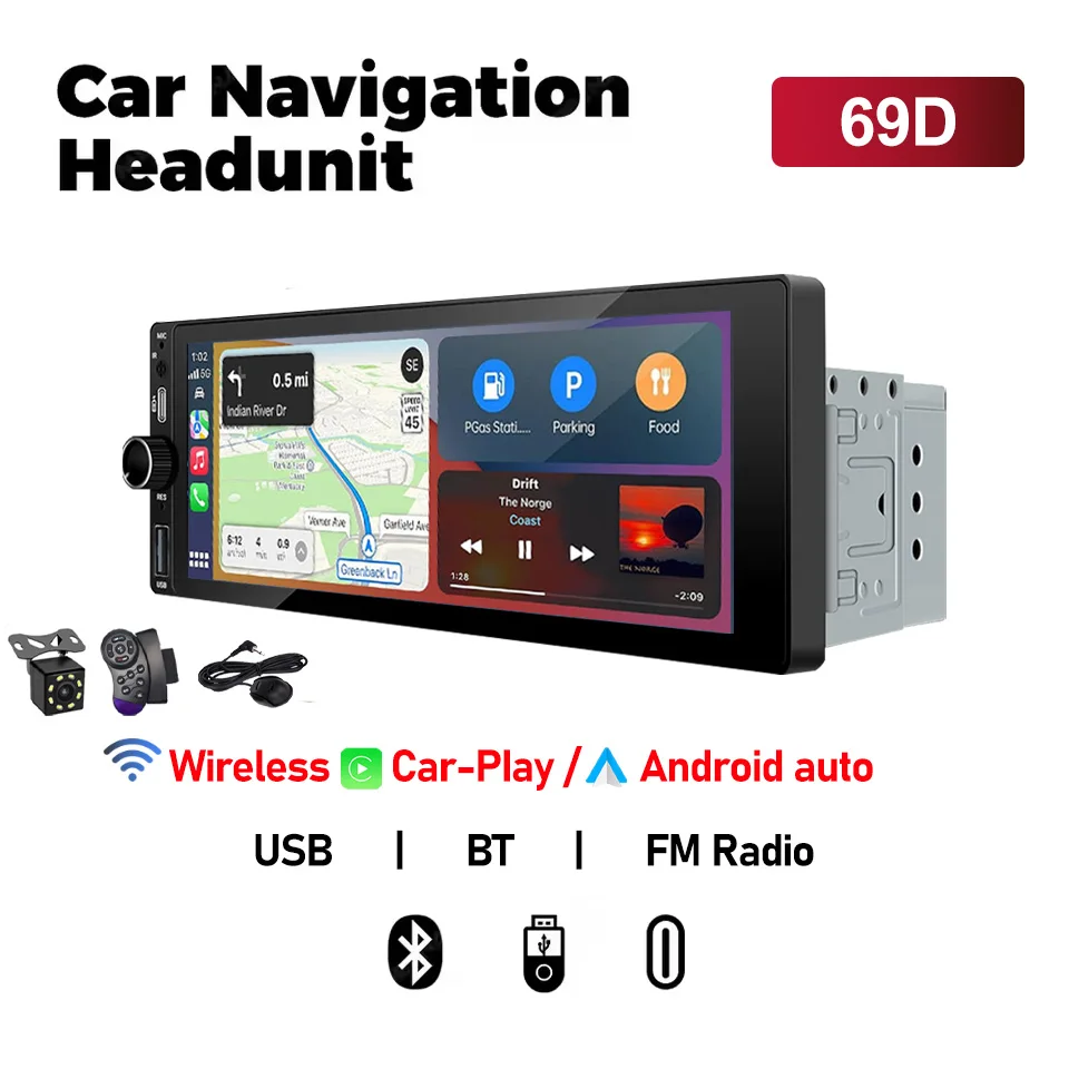 XIMA 6.9inch Autoradio Draadloze CarPlay Android Auto MP5 Bluetooth FM USB IPS Touchscreen Multimedia Speler Universele 1Din