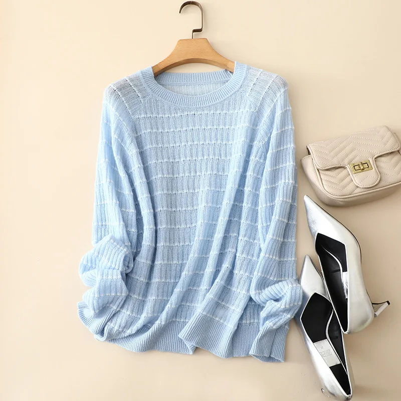 autumn new lightweight knitted 100% cashmere striped sweaters