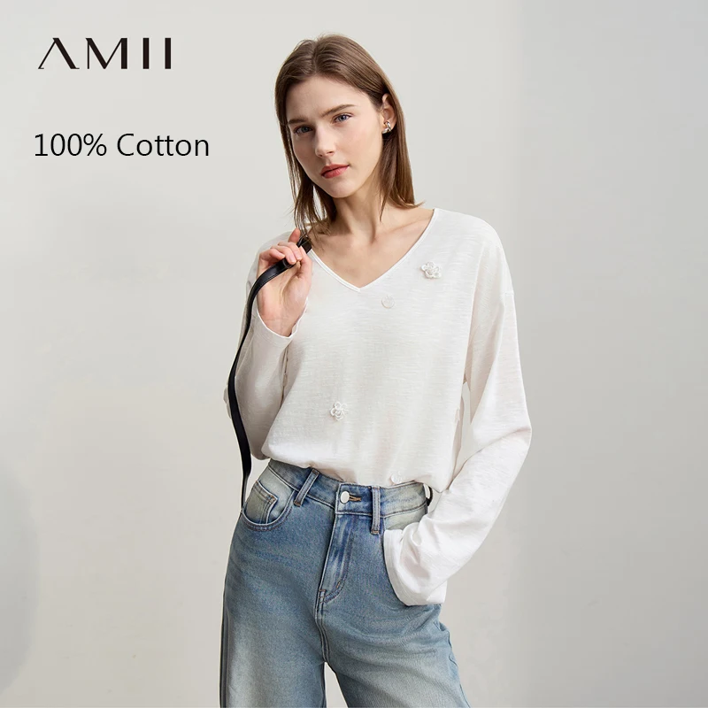 

Amii Women's Long Sleeve Top 2026 Spring New V-neck Loose T-shirt Women's Cotton Knitted Tees Pullover Versatile Top 12641011