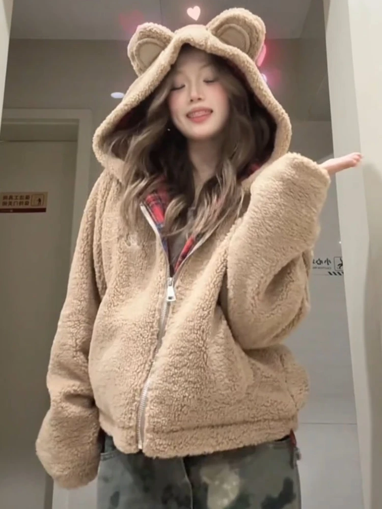 Casual Loose Kawaii Bear Hoodies Women Y2k Aesthetic Lamb Wool Cute Sweatshirts Patchwork Plaid Zipper Chic Coats Korean Fashion