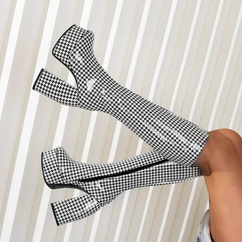 الخريف الشتاء منتصف العجل الأحذية النسائية 2025 جديد أسود لينة بولي Leather جلد سميكة عالية الكعب أحذية النساء أحذية عالية #5