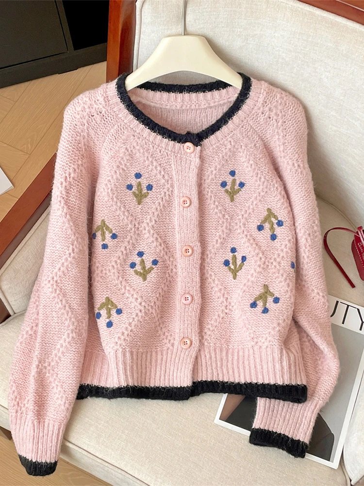 Women's Pink Cardigan Harajuku Korean Cashmere Sweater Y2k Long Sleeves O-Neck Sweaters Jumper 90s Vintage 2000s Clothes Autumn