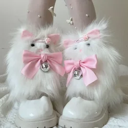 Harajuku Kawaii Lolita Pink Bow Cute Cat Faux Fur Leg Warmers Socks Japanese Y2K Girls Winter Warm Fluffy Boot Cover Streetwear