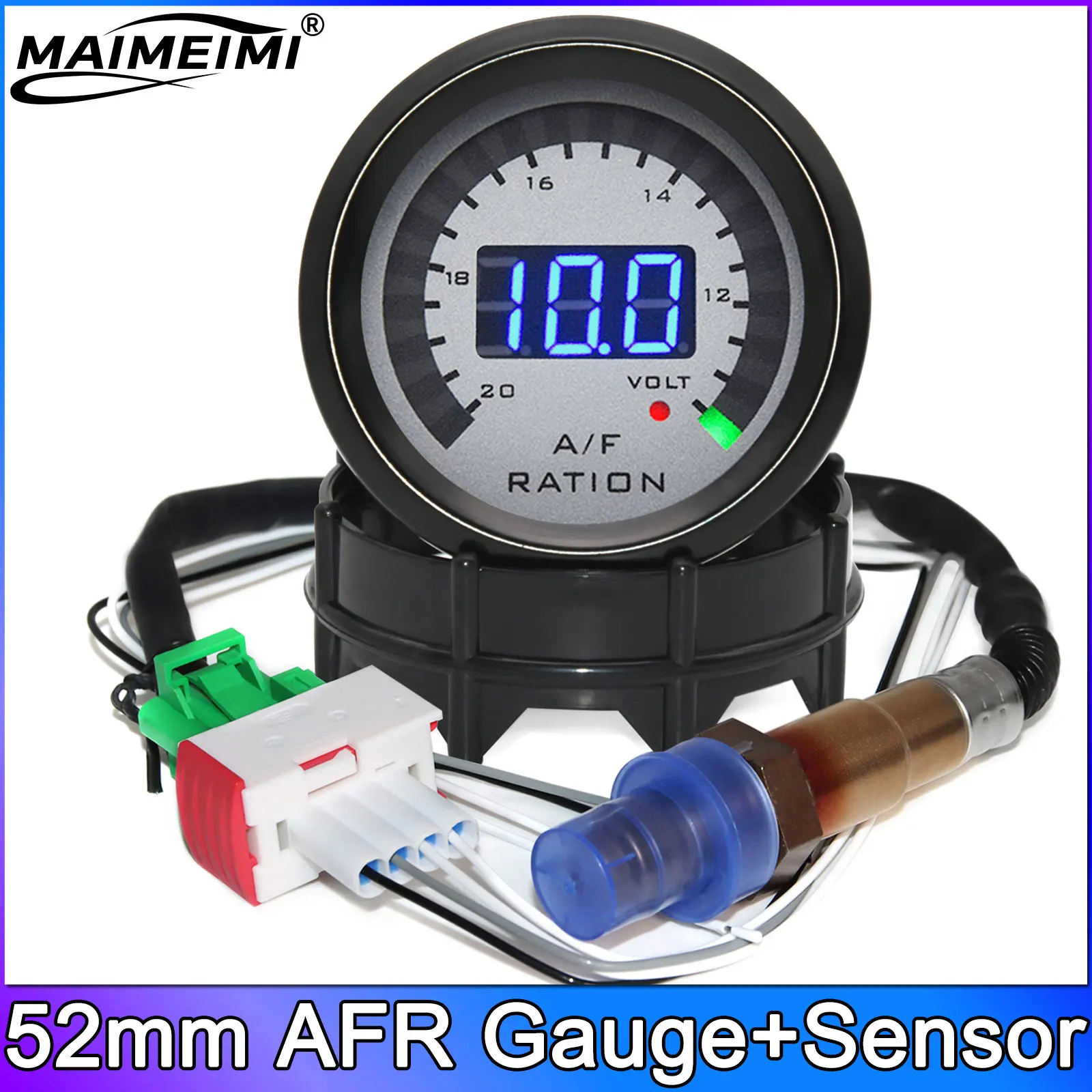 52mm Digital Air Fuel Ratio Gauge with Narrowband O2 Oxygen Sensor Car Gauge AFR Fit for 12V Car Voltmeter 2 in 1 Meter Voltage