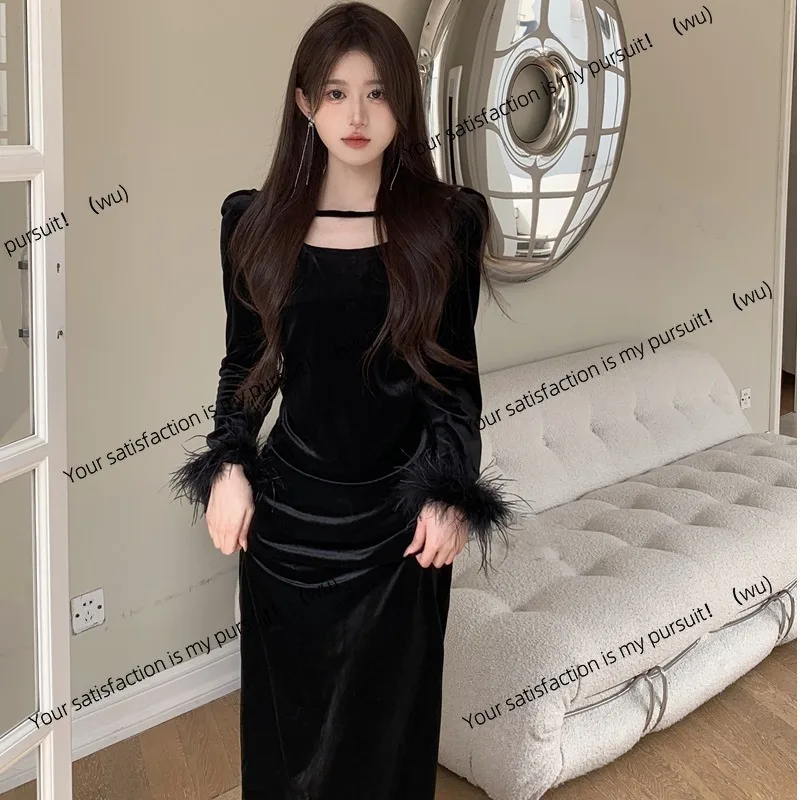 

Ранняя осень, черное французское золотое бархатное платье, женская одежда, осеннее дизайнерское длинное платье с талией и внутренней частью