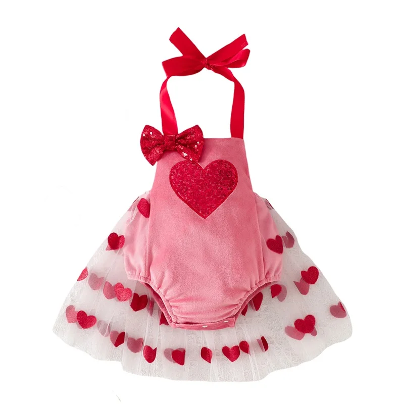 

Baby Girls Valentine s Day Romper Dress Sleeveless Halter Neck Heart Print Tulle Romper