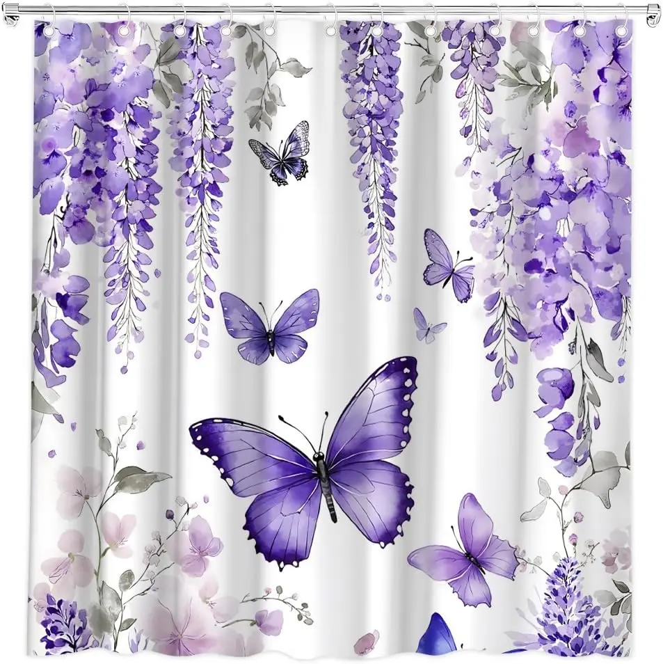 

Elegant Watercolor Floral Shower Curtain Purple Butterfly Botanical Design Bathroom Decor Luxury Spring Summer Print Shower Curt