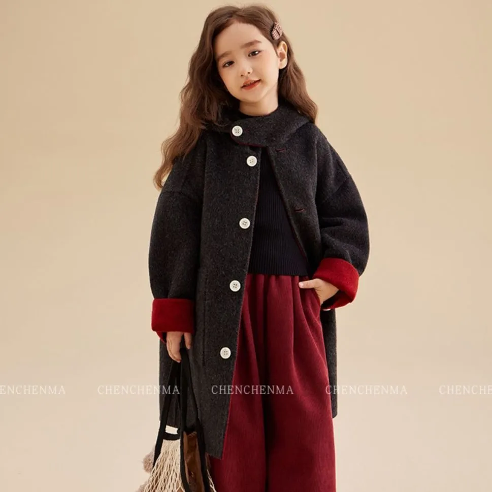 

Осенне-зимнее детское шерстяное пальто, модное новое стильное пальто для девочек, двустороннее длинное пальто с капюшоном 110-170 см