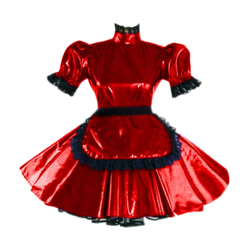 Sippy lolita dress sexy maid outfits turtleneck puff sleeve flared patent leather dress with apron Gothic dress maid role play u