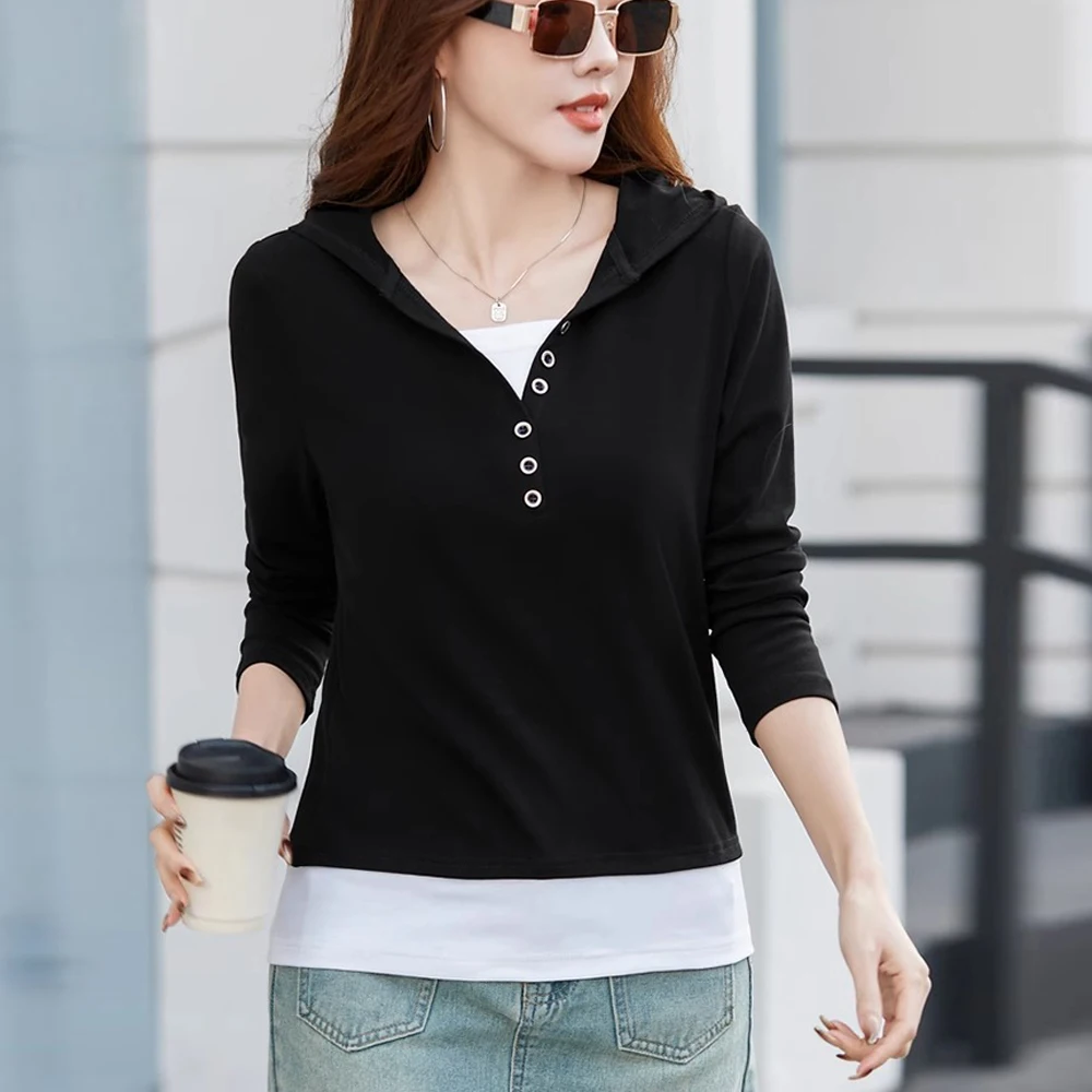 Korean version hooded long sleeved t-shirt for women\'s summer new fashion light luxury pure cotton fake two loose casual tops