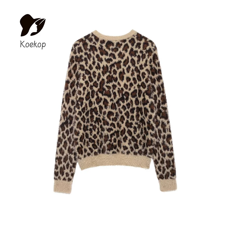 Koekop 2024 Women's Fashion Animal Print Jacquard Knit Vintage Casual Full Sleeve Women's Chic Lady Pullover Top