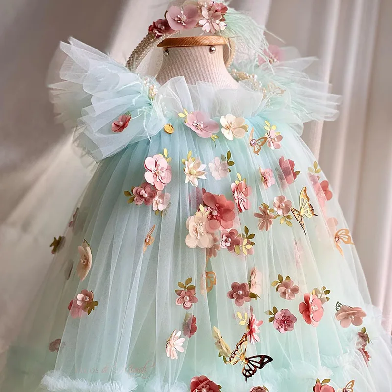 

Mesh Flying Sleeves Children's Dress Flower Embroidered Butterfly Children's Fluffy Gauze Lolita Girls' Princess Dress