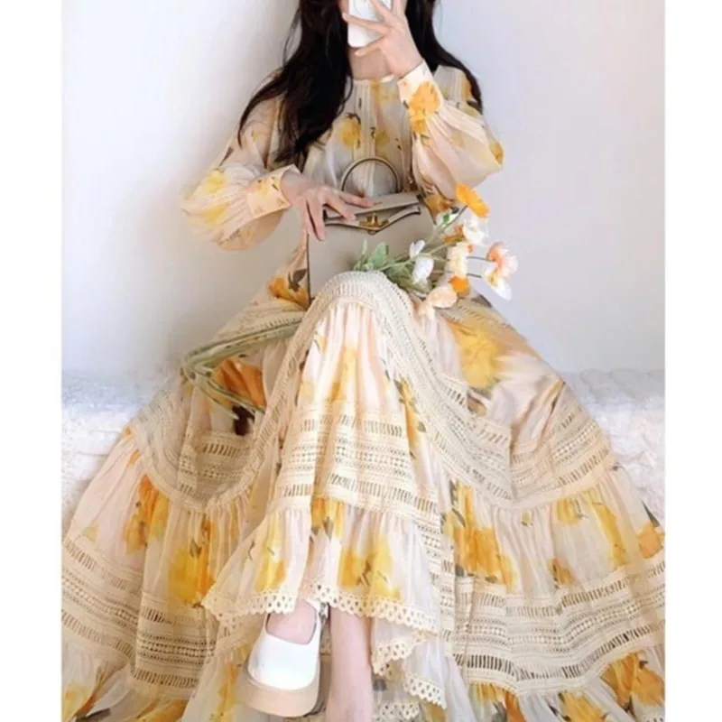 

New Style Platycodon Grandiflorum French Tea Break Long Skirt Quality Yellow Printed Sleeve Dress for Women