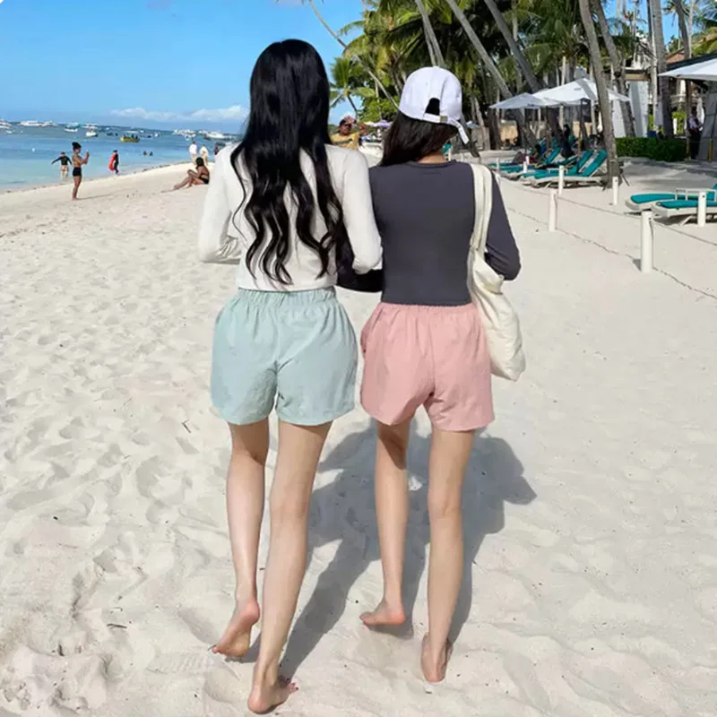 Koreanischer Stil Teenager Dreiteiliger Bikini mit Langarm-Überzug und Shorts Damen Badeanzug Strandurlaub Konservativer Badeanzug – Detail 5