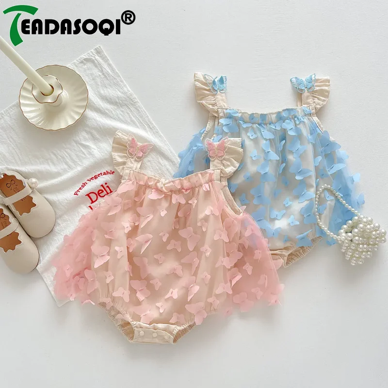 

0-2Y Summer Newborn Infant Girls Bodysuit Sweet Suspenders Vest 3d Butterfly Applique Mesh Gauze Romper Skirt Kids Baby Jumpsuit