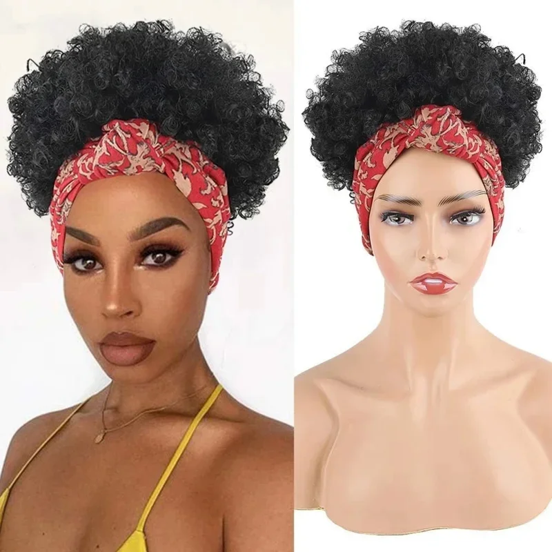 Headband Wig Scarf Wig Short Afro Kinky Curly Wig Short Black Wigs Synthetic Wrap Wigs For Black Women Daily Use MN7