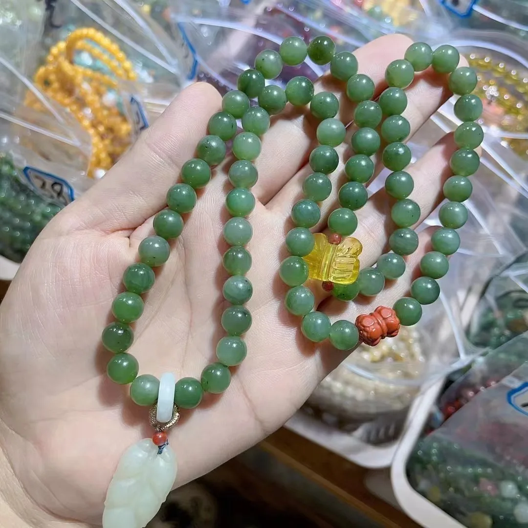 

Natural 100% real green hetian jade carved 6mm round beads and Amber flower Multi-loop bracelet sweater chain for woman men Gift