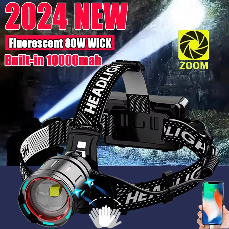 

2024 Newest Powerful LED Headlamp 800W LED IR Sensor Rechargeable Headlight 3500M Super Bright Head Flashlight Fishing Lantern