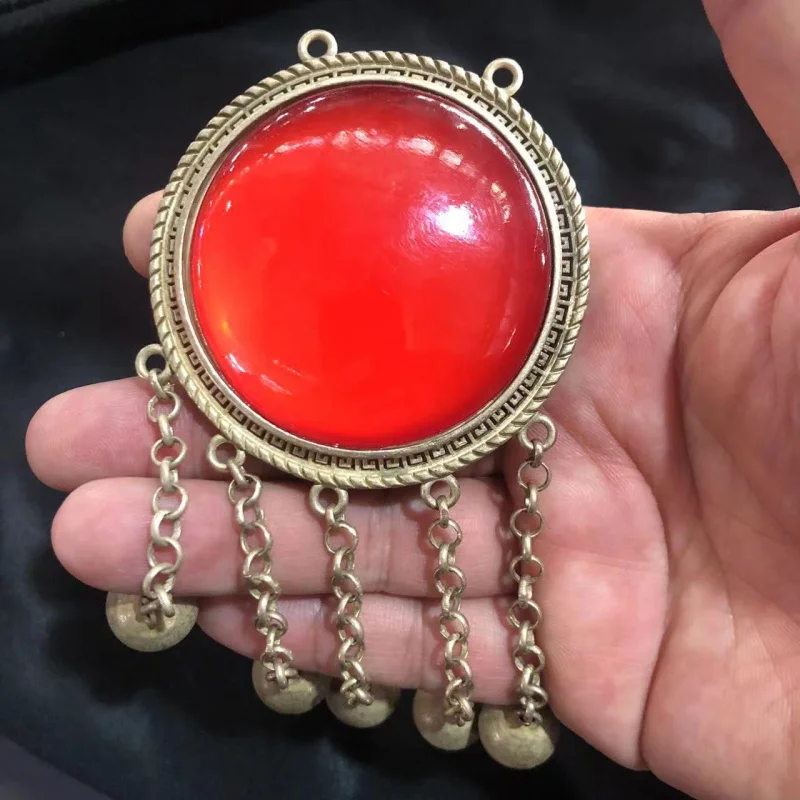 Miscellaneous White Copper Silver Plated Cloisonné Inlaid Red Jade Round Pendant Hanging Ornament