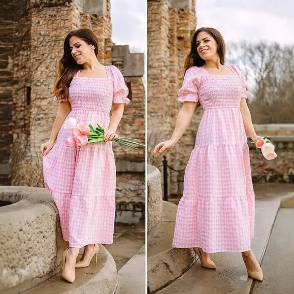 

2025 New Summer Plaid Square Neck Puff Sleeve Wrinkled Flowing Mid Length Beach Vacation Elegant Dress