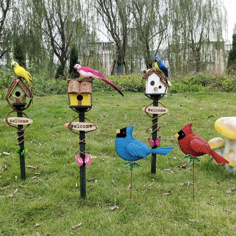 Garden Stake Birdhouse Attractive Bird Feeder Garden Stakes Wooden With Rod Rattan Birdhouse Feeder Wildbird Lawn Decor