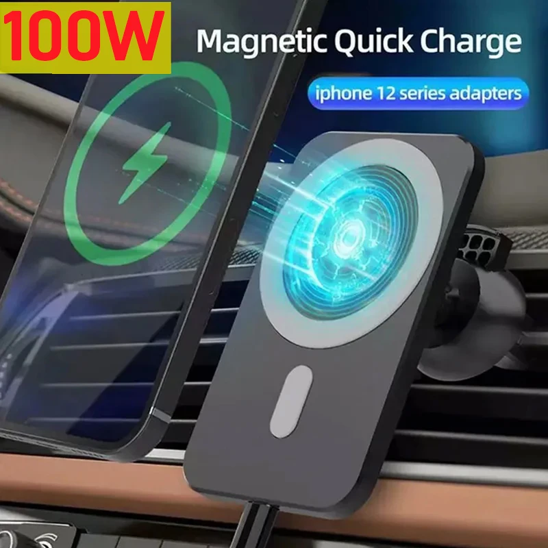 100W Magnetic Car Wireless Charger for iPhone 15 14 13 Pro Max Car Charger Stand Macsafe Wireless Charger Air Vent Phone Holder