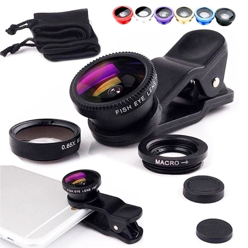 Szerokokątny obiektyw mikrokamera 3 w 1 typu rybie oko do iPhone\'a Xiaomi Redmi 3w1 Zoom Fish Eye Len na obiektywach smartfonów z klipsem do telefonu