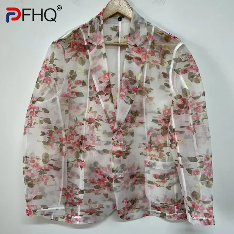 

PFHQ Men's Single Breasted Suit Jackets Summer Print Light Luxury Delicacy Perspective Sun Protection Baggy Male Blazers 21Z4562