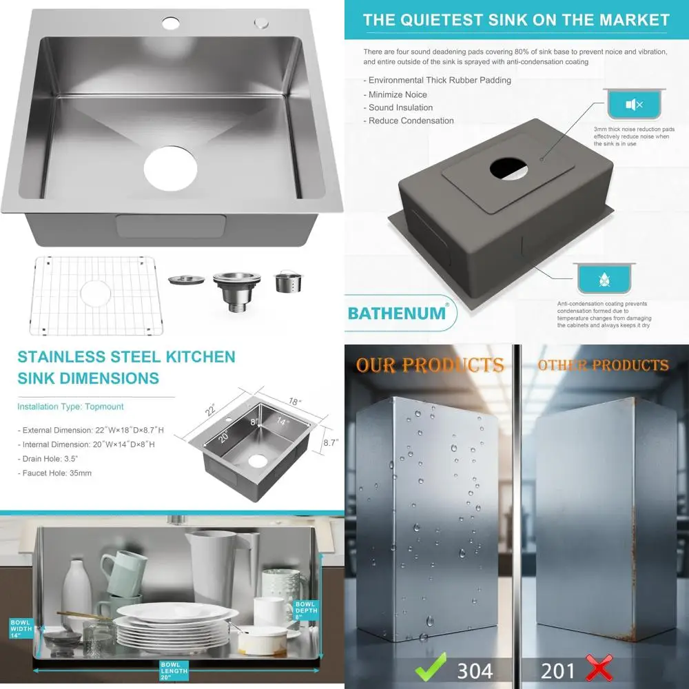 

Кухонная мойка с одной чашей из нержавеющей стали 22x18 со сливным комплектом, нижней решеткой, матовой отделкой, вставной стиль, класс 304, верхнее крепление I