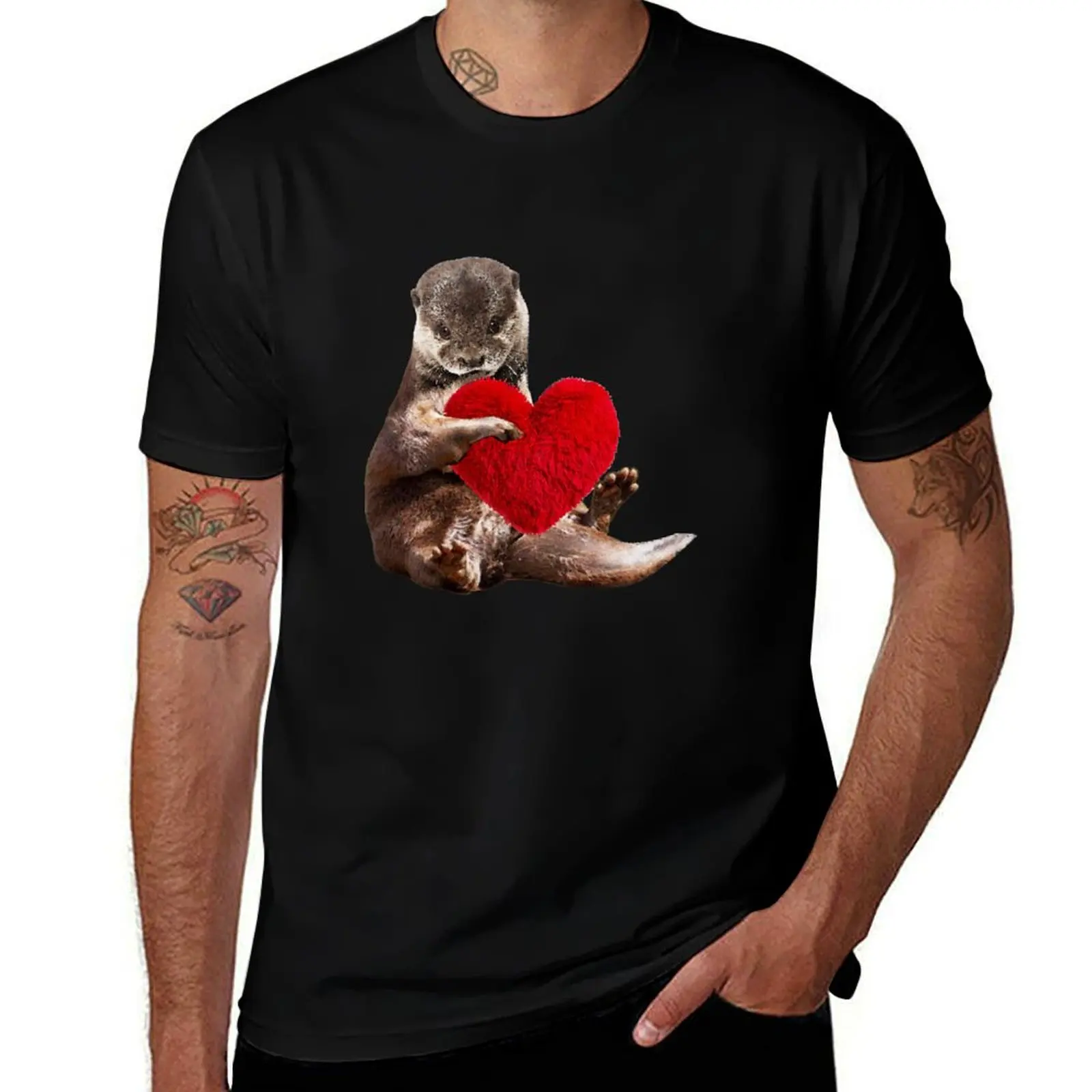

Otter and love, sweet red heart T-Shirt Comfortable Workout Short Sleeve Shirt