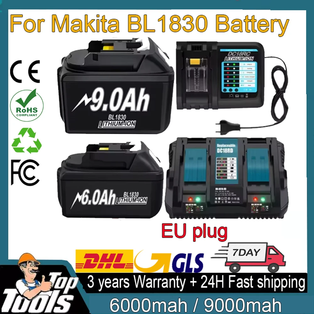 6000 mAh/9000 mAh BL1830 für Makita 18 V Akku 18650 Lithium-Ionen-Akku, kompatibel mit Makita BL1860 BL1890 Akku