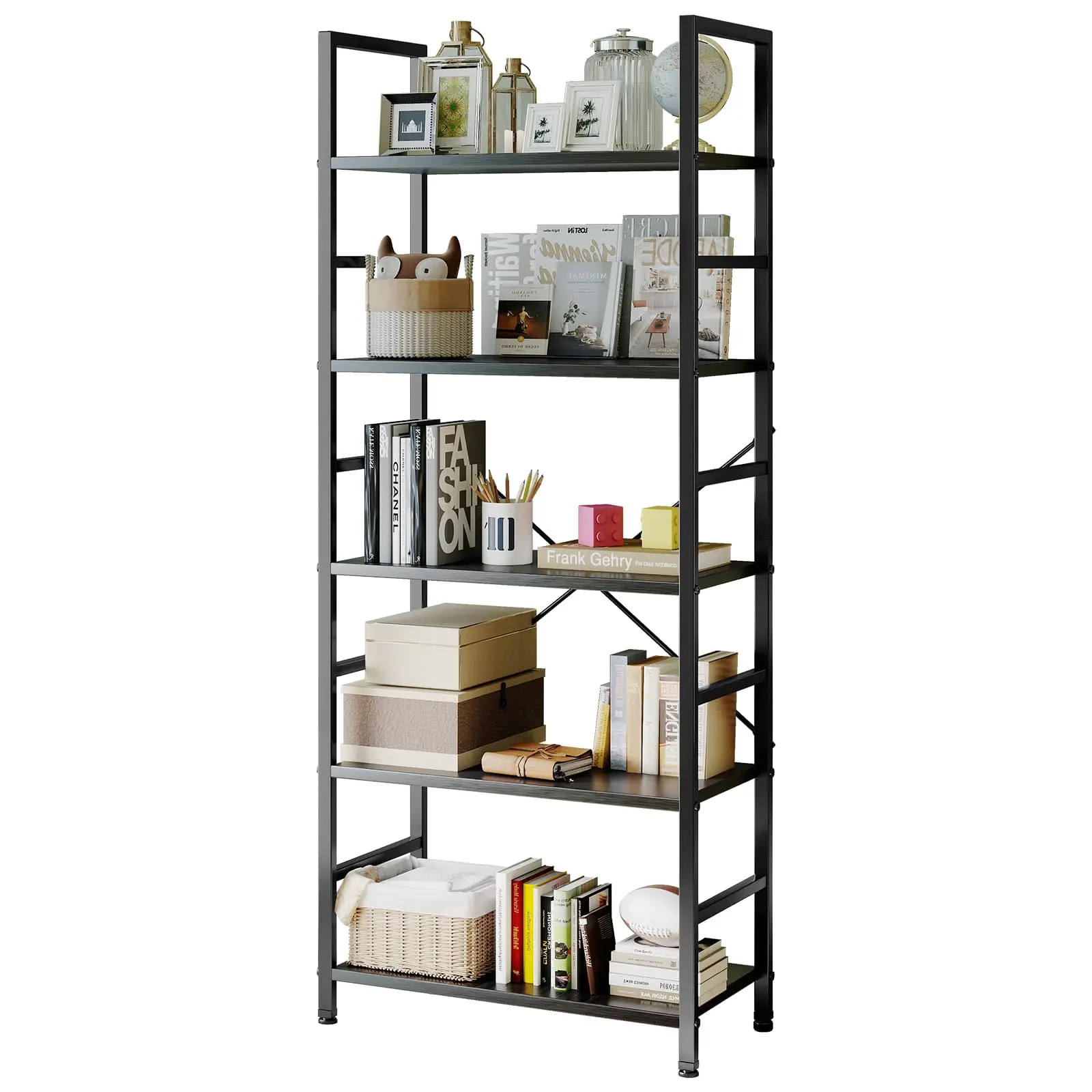 

5-Tier Modern Bookcase, Industrial Corner Storage Shelf for Home Office & Living Room