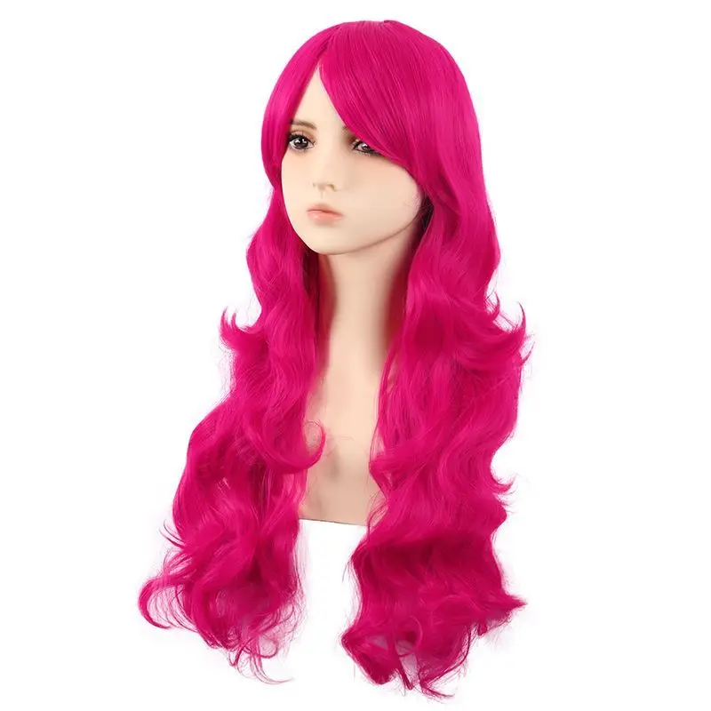 تونغمان كوس شعر مستعار طويل للنساء أنيمي موجات كبيرة طويل مجعد الشعر 70CMRose الأحمر الجانب الانفجارات شعر مستعار
