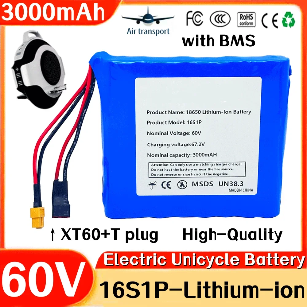 60V Battery 3000mAH 16s1p Lithium battery pack with Bms for Electric Unicycle Battery Scooter Skateboard