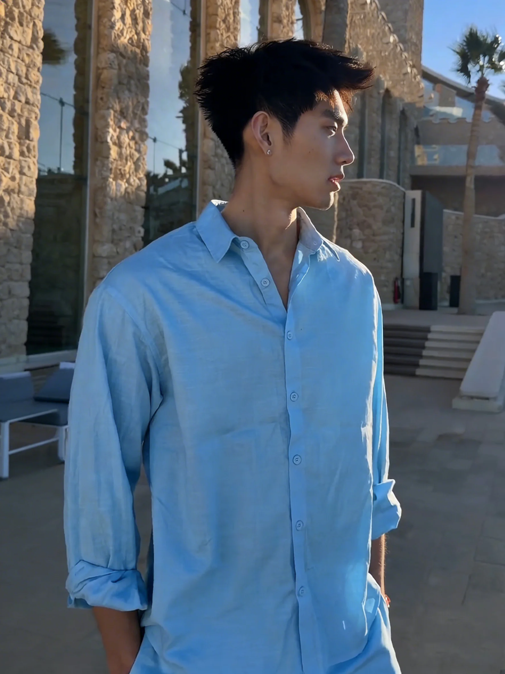 

Light Blue Linen Long Sleeve Men's Shirt Summer Anti-Uv Loose Fit Breathable Sweat Absorbent Standard Style Beach Outdoor Wear