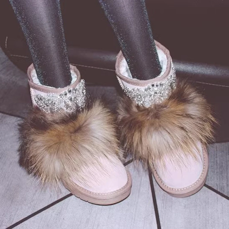 

Winter Real Fur Bling Rhinestone Beading Decor Snow Boots Thick Sole Slip On Suede Boots Woman Warm Fur Ankle Booties