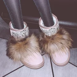 Winter Real Fur Bling Rhinestone Beading Decor Snow Boots Thick Sole Slip On Suede Boots Woman Warm Fur Ankle Booties