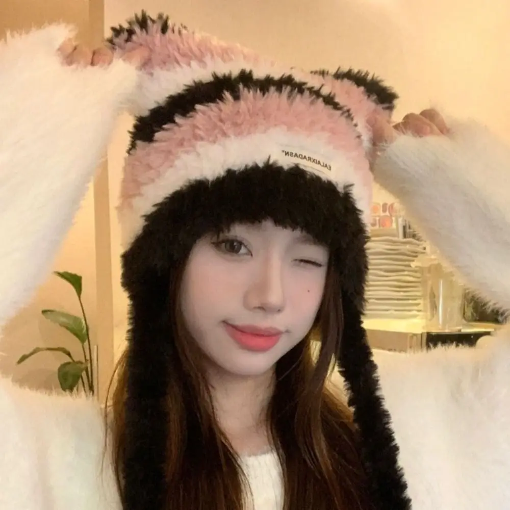 Cute Cat Ear Women Knitted Hat Contrast Stripe Thick Warm Winter Beanies Cap Windproof Ear Protection Pullover Hat